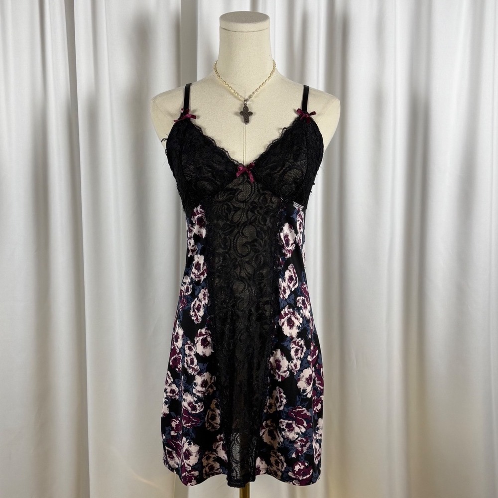 Vintage Style Black Floral Lace Trim Slip Dress Purple Rose Satin Bows S